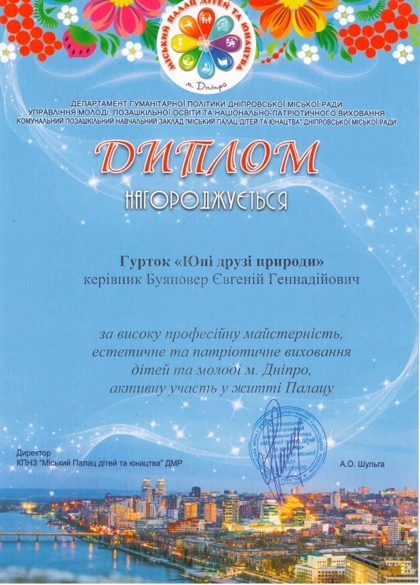 Диплом Міського палацу дітей та юнацтва професійну майстерність, естетичне та патріотичне виховання дітей та молоді м. Дніпро