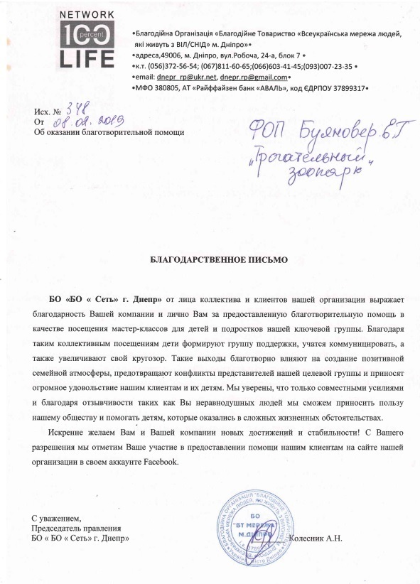 Благодарственное письмо от "Благотворительного товарищества"  Всеукраинская сеть людей, которые живут с ВИЧ / СПИД г. Днепр